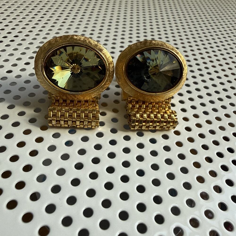 Vintage Dante Oval Smoky Green Rivoli Gold Tone Mesh Wrap Around Cufflinks